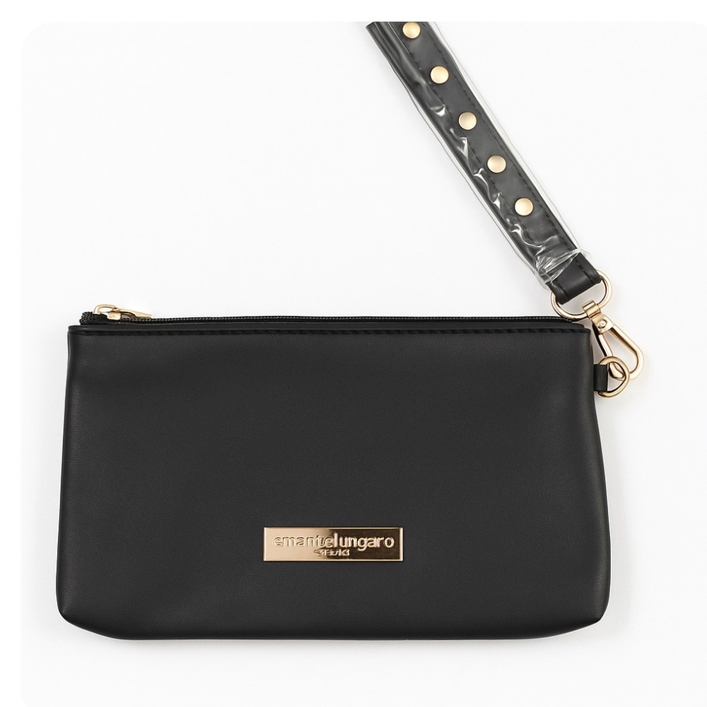 Emanuel Ungaro Black Mini Bag Wristlet Studded Strap Gold Hardware